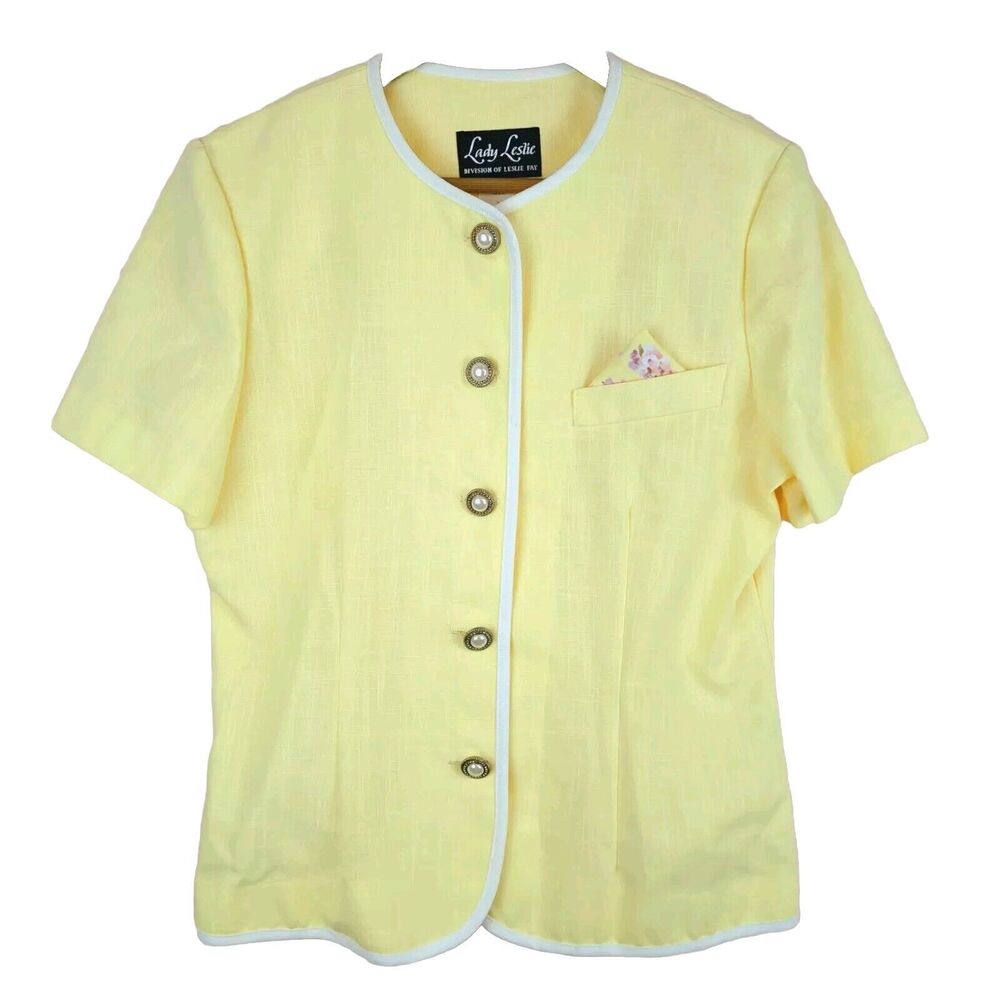 Vintage Lady Leslie By Leslie Fay Yellow Short Sleeve Blazer Size 12 USA